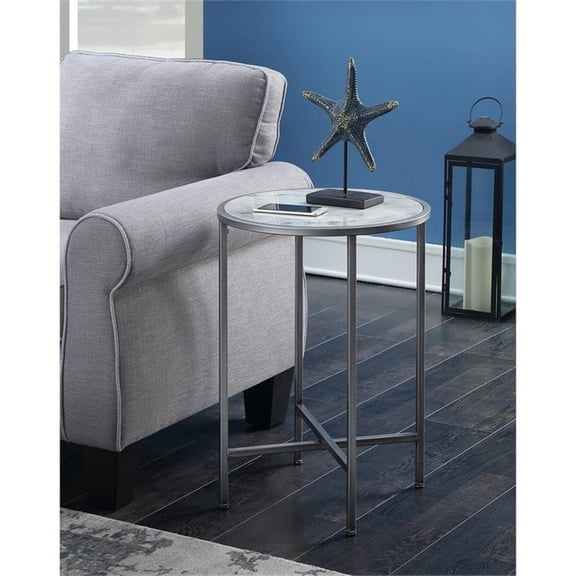 Pemberly Row Faux Marble Round End Table with Silver Metal Frame