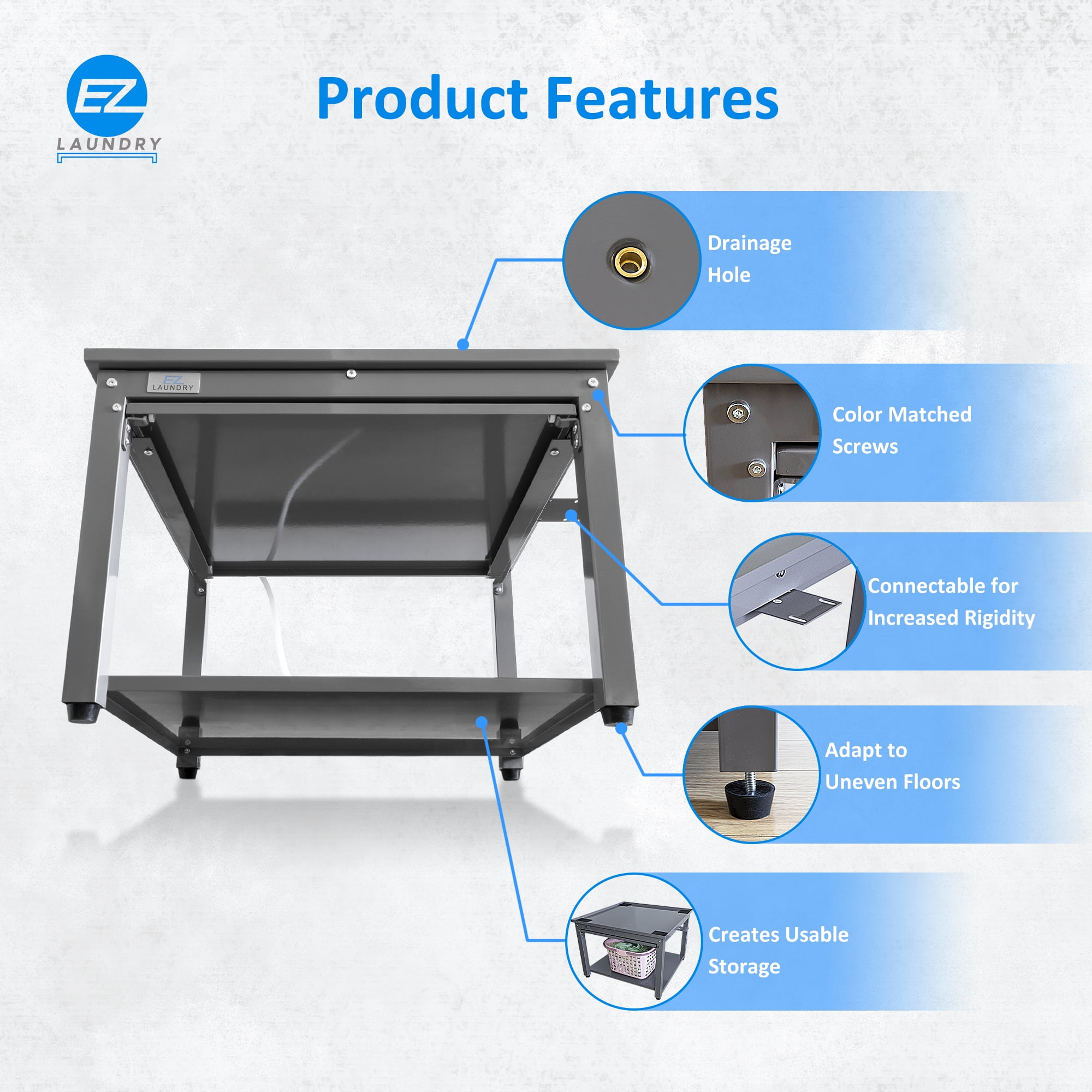 EZ Laundry Pedestal Compact 24" x 18" Washer Dryer Riser with Pull-Out Storage Shelf Gray