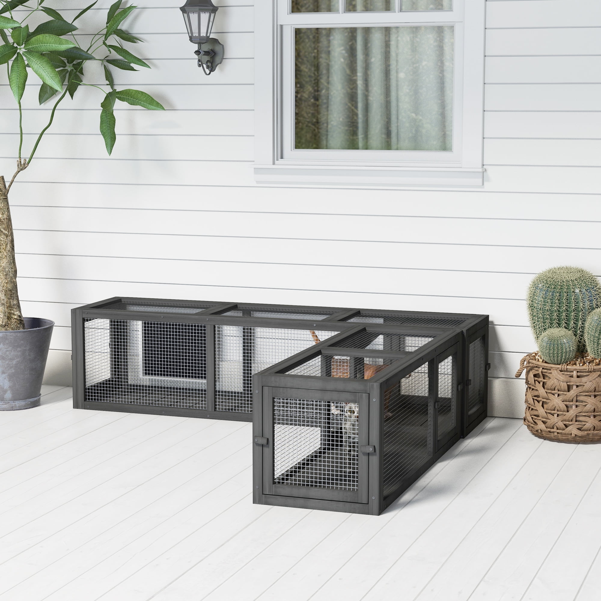 Dog Bed PawHut Cat Tunnel Outdoor, Wooden Cat Tube with Combinable Design, 8 Doors, 98" Cat Toys for Kitty, Puppy, Pet, House, Window, Cage, Dark Gray,Large Dog Bed