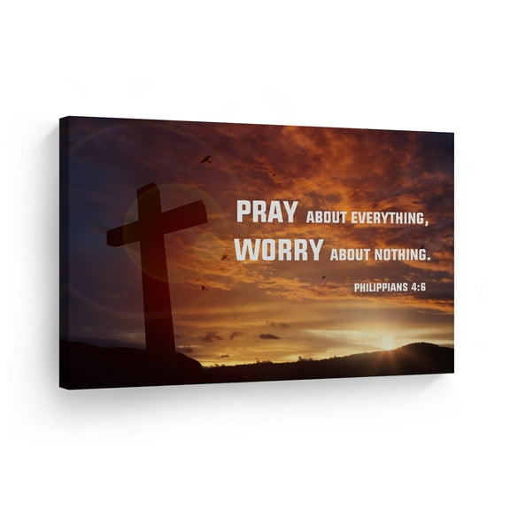Smile Art Design Scripture Bible Verse Wall Art Canvas Print Philippians 4:6 Pray About Everything Worry About Nothing Pray Cross Religious Living Room Bedroom Christian Gift - 30x40
