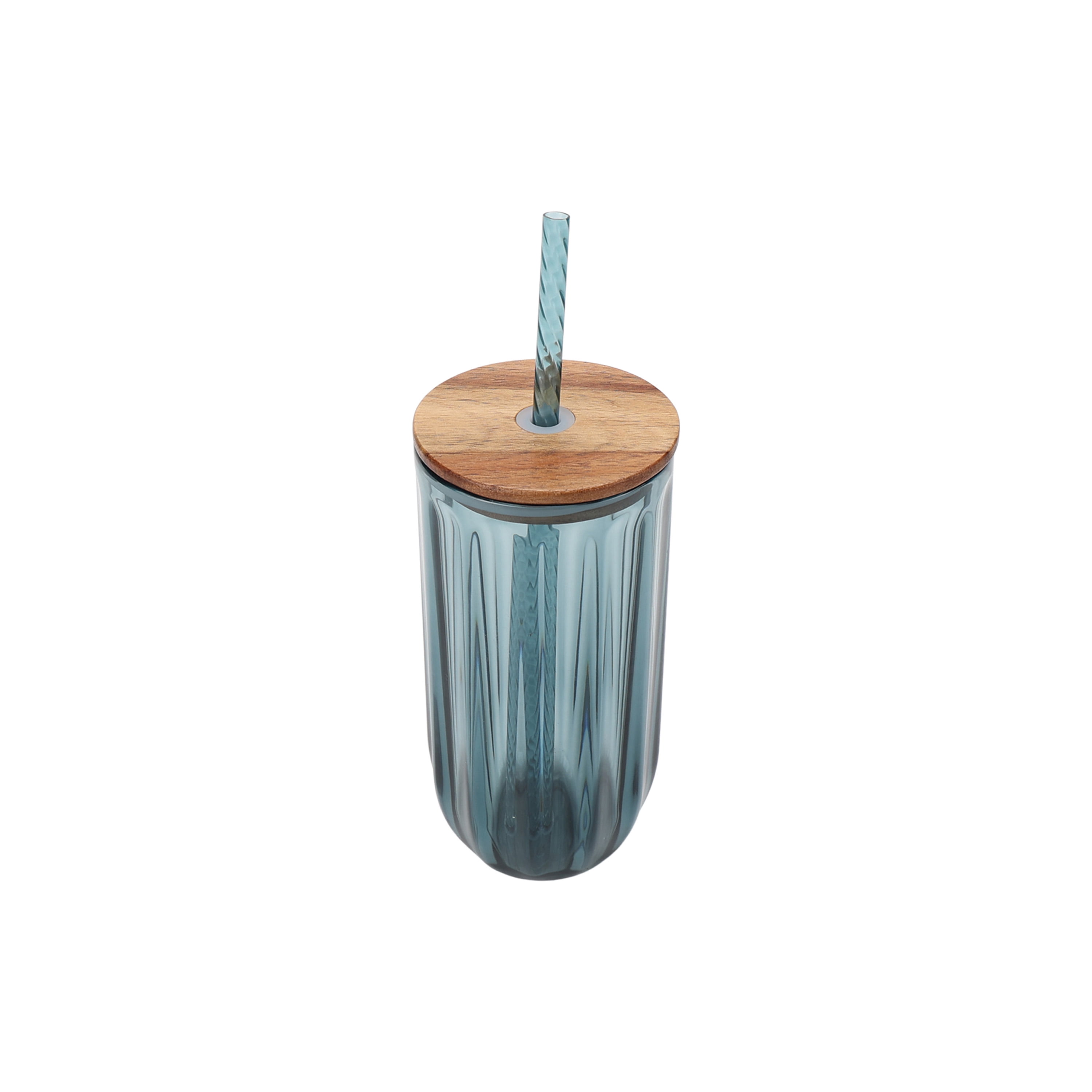 Better Homes & Gardens Fluted 21-Ounce Tritan Plastic Sipper and Straw with Acacia Wood Lid, Blue