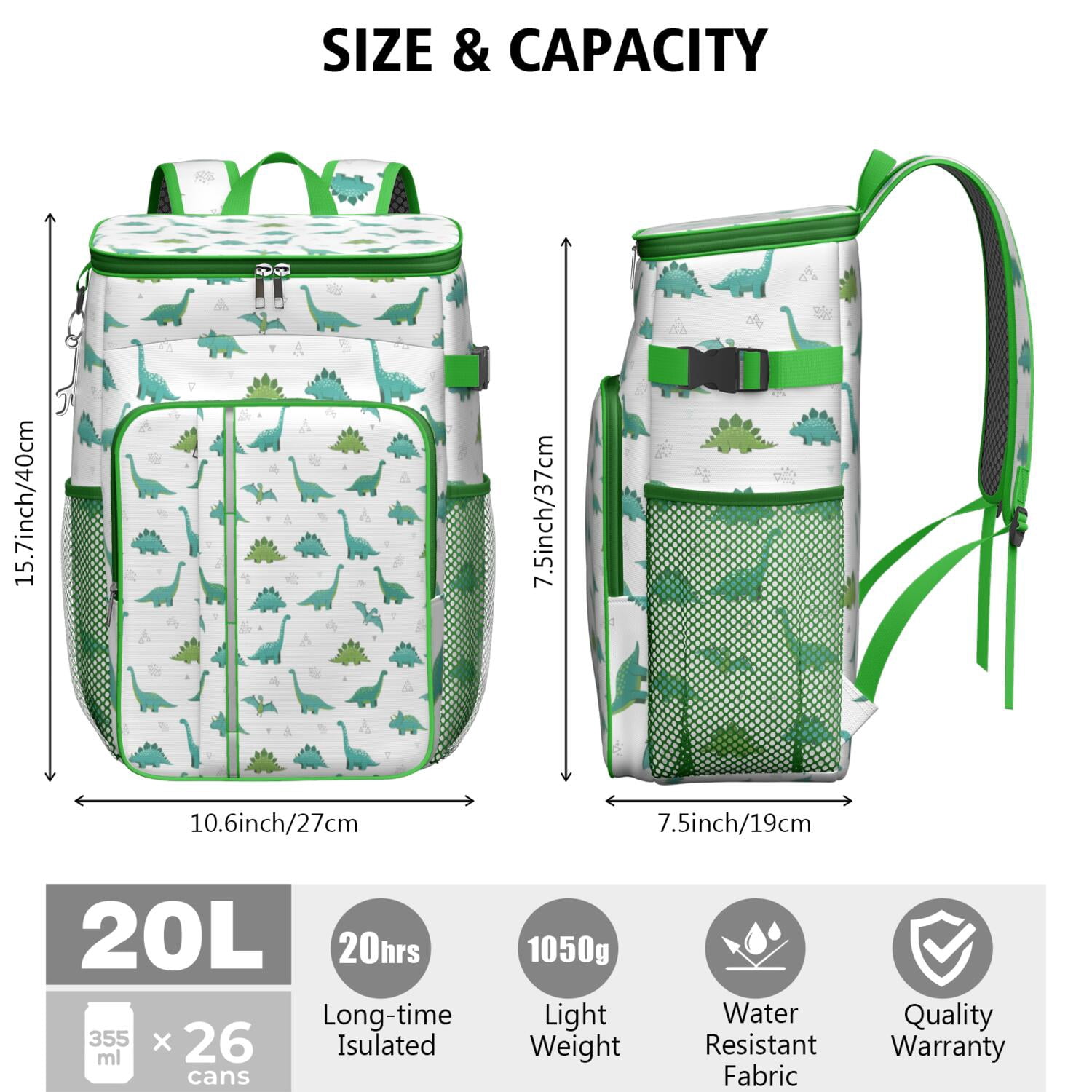 Travel Cooler Bag - White Cartoon Dinosaurs Geometric Pattern Camping Beer Cooler Backpack with Bottle Opener- Waterproof Insulated Picnic Backpacks - Cooler Bag for Beach