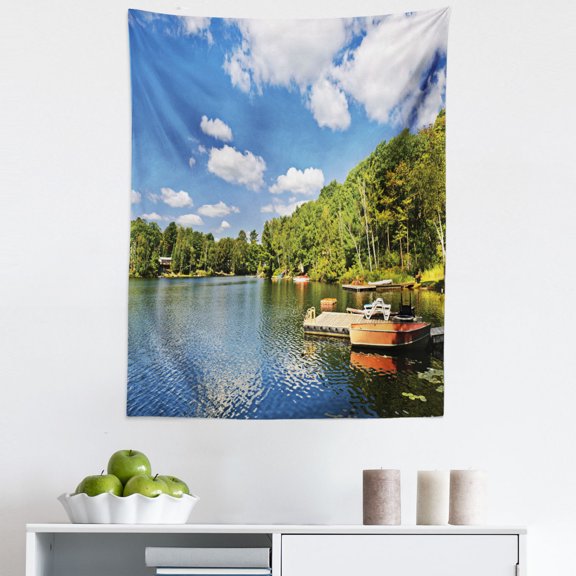 Lake Theme Tapestry, Illustration of Docks in Ontario Canada Cottage Countryside Natural Feels, Fabric Wall Hanging Decor for Bedroom Living Room Dorm, 5 Sizes, Multicolor, by Ambesonne