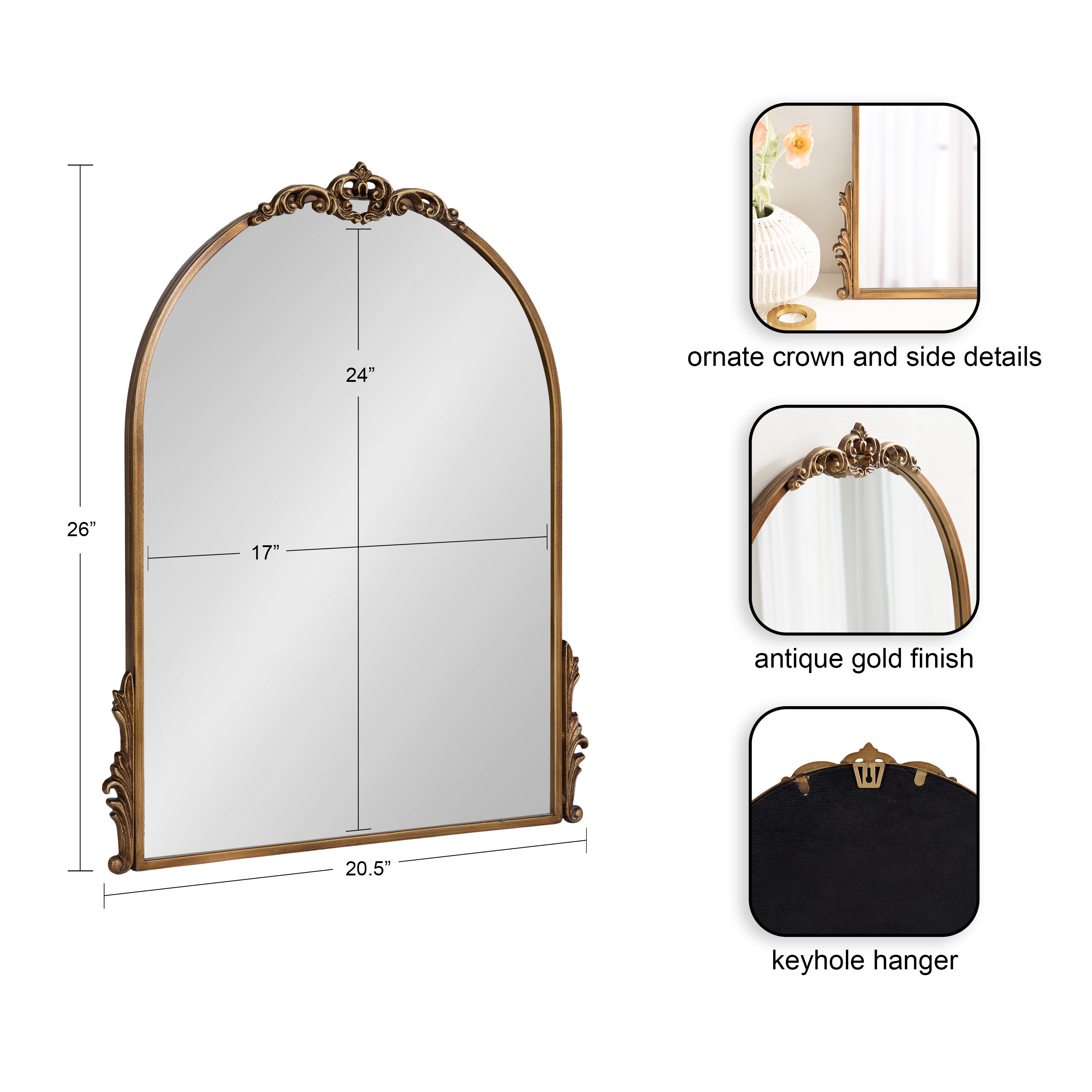 Kate & Laurel Myrcelle Traditional Arched Wall Mirror - 25x33 Black Ornate Vintage Decorative Mirror