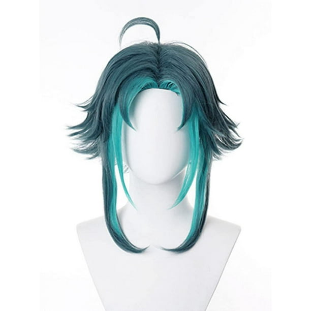 Pelucas de pelo de Cosplay mullidas con degradado azul con flequillo pelucas para Cosplay Xiao pelucas de anime pelucas de disfraz de Halloween azul/verde -