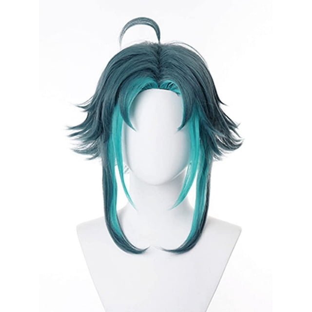 Pelucas de pelo de Cosplay mullidas con degradado azul con flequillo pelucas para Cosplay Xiao pelucas de anime pelucas de disfraz de Halloween azul/verde -