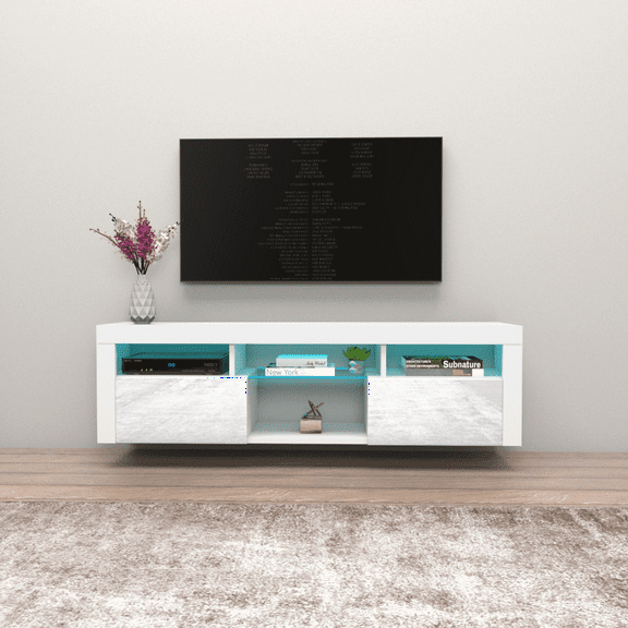 Bari 160 Floating TV Stand for TVs up to 70", Modern High Gloss 63" Entertainment Center, Wall Mounted TV Media Console with Storage Cabinets and LED Lights