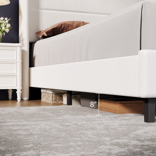 Soft Upholstered Platform Bed Frame with Wingback Headboard – Sturdy Wooden Slats, No Box Spring Needed, Easy Assembly, Noise-Free – Full Size, White Flannel