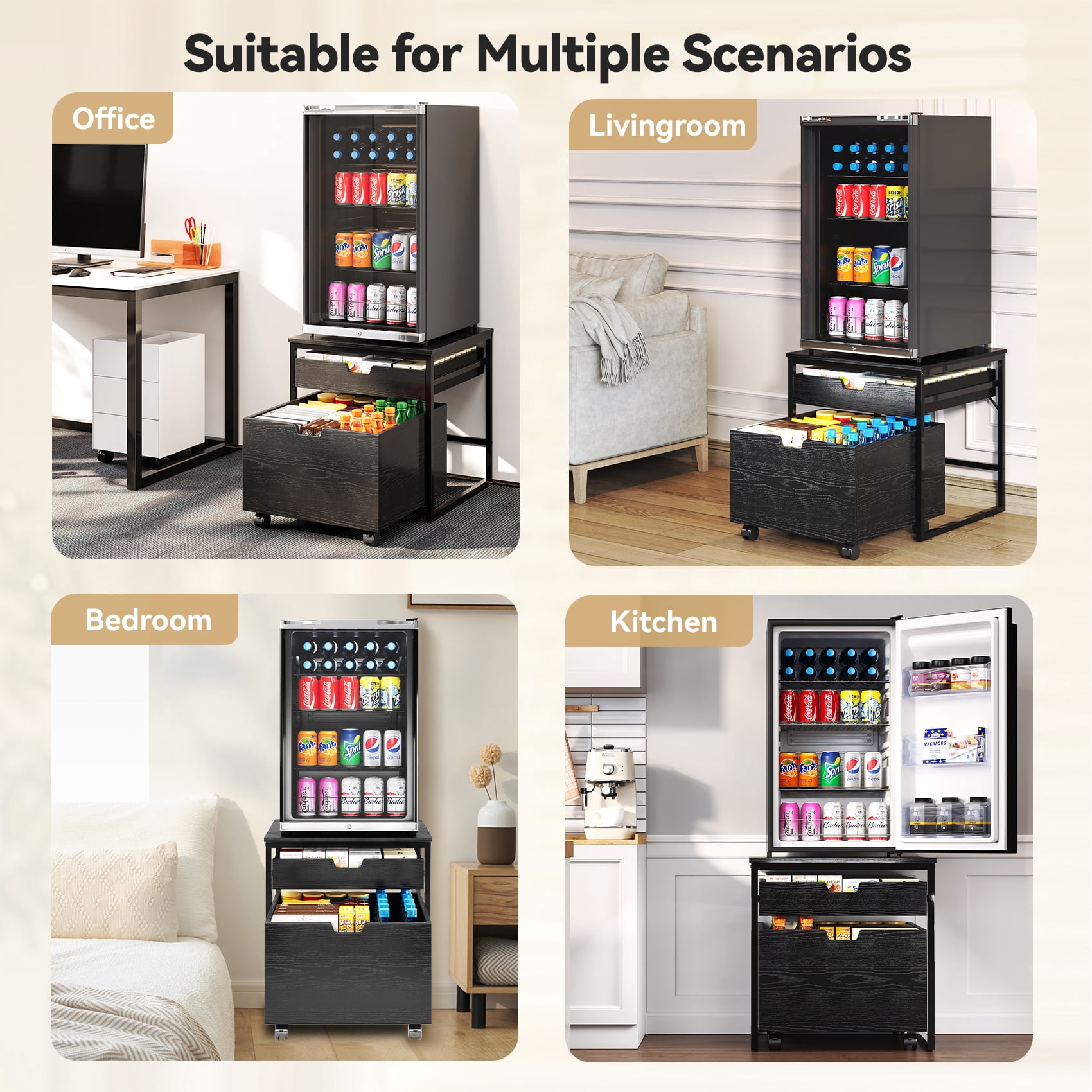 TC-HOMENY Mini Fridge Stand with 2 Storage Drawers, Refrigerator Microwave Table Shelf with Lockable Mobile Wheels, Beverage Compact Fridge Cabinet for Dorm, Apartment, Office