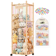 Wooden Stuffed Animal Storage Organizer with Wheels, Rolling Toy Storage Holder with Hanging Bag for Plush Toys Kids Room Playroom Bedroom