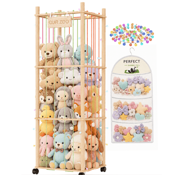 Wooden Stuffed Animal Storage Organizer with Wheels, Rolling Toy Storage Holder with Hanging Bag for Plush Toys Kids Room Playroom Bedroom