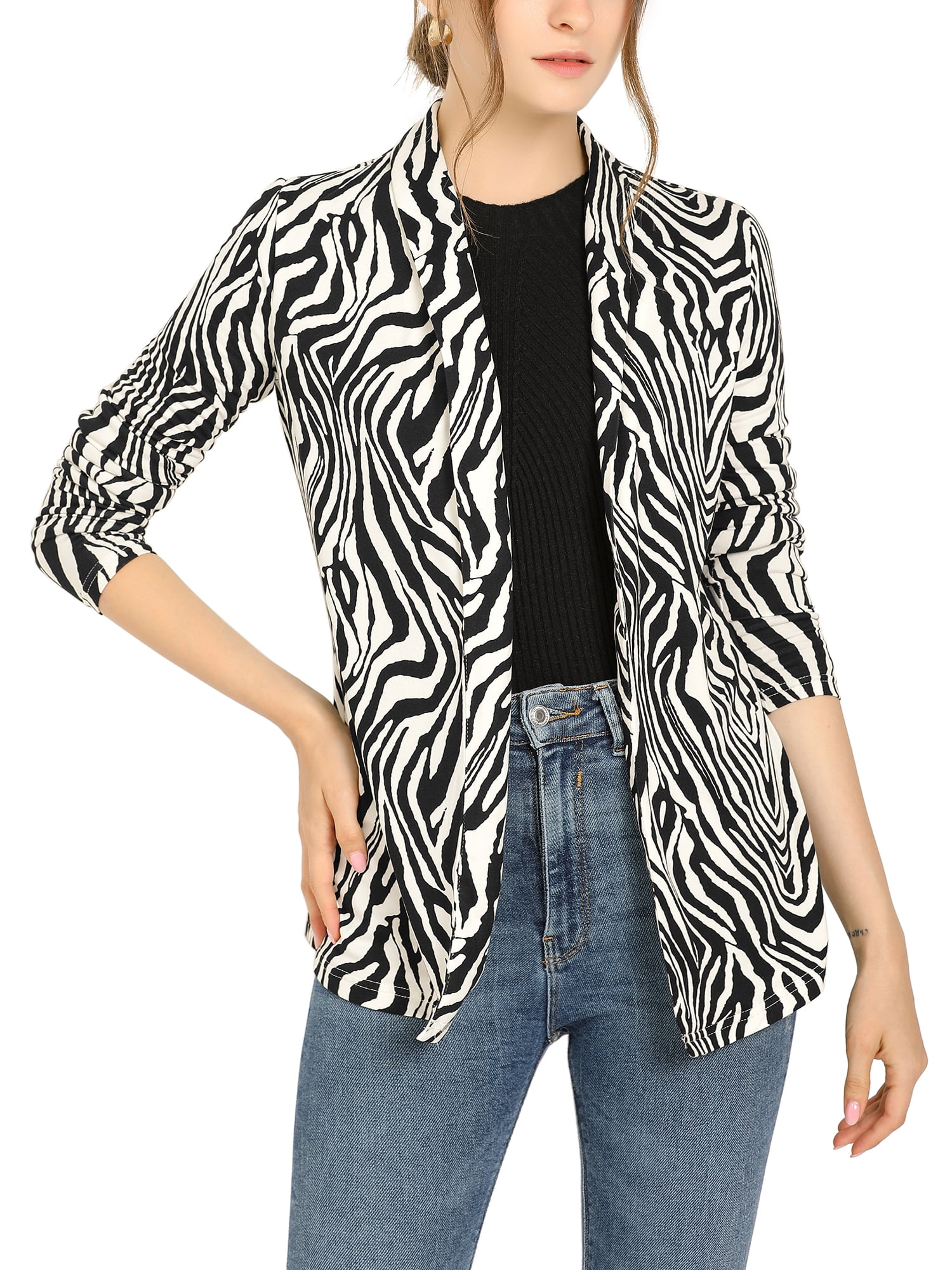 Unique Bargains Women's Shawl Collar Open Front Long Sleeves Knit Zebra ...