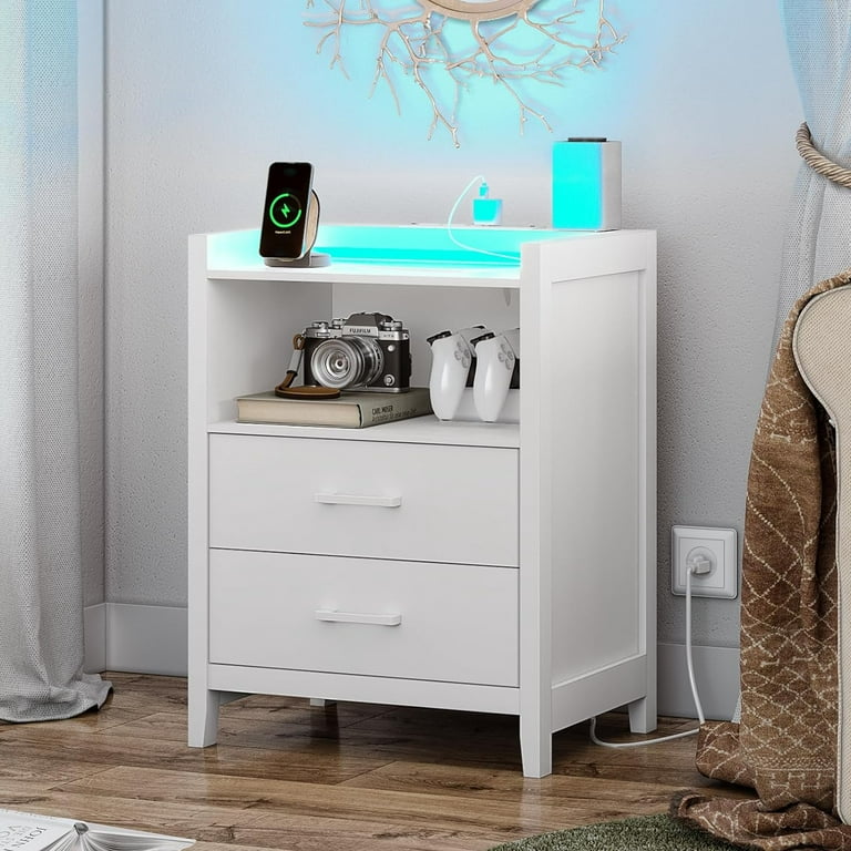 Brackett Plug-In Wood End Table with Storage Shelf 2 Drawers Nightstand Side Table Cabinet Bedside Furniture Wade Logan Color: White