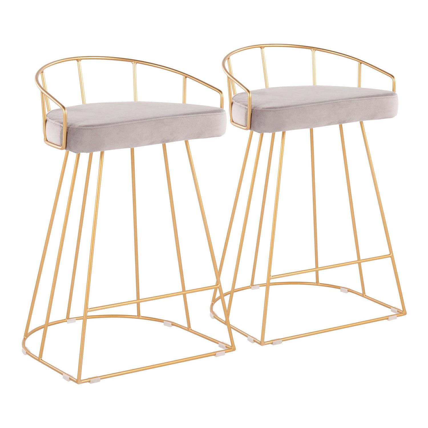 Lumisource Canary Contemporary Counter Stool in Gold with Silver Velvet Fabric Set of 2