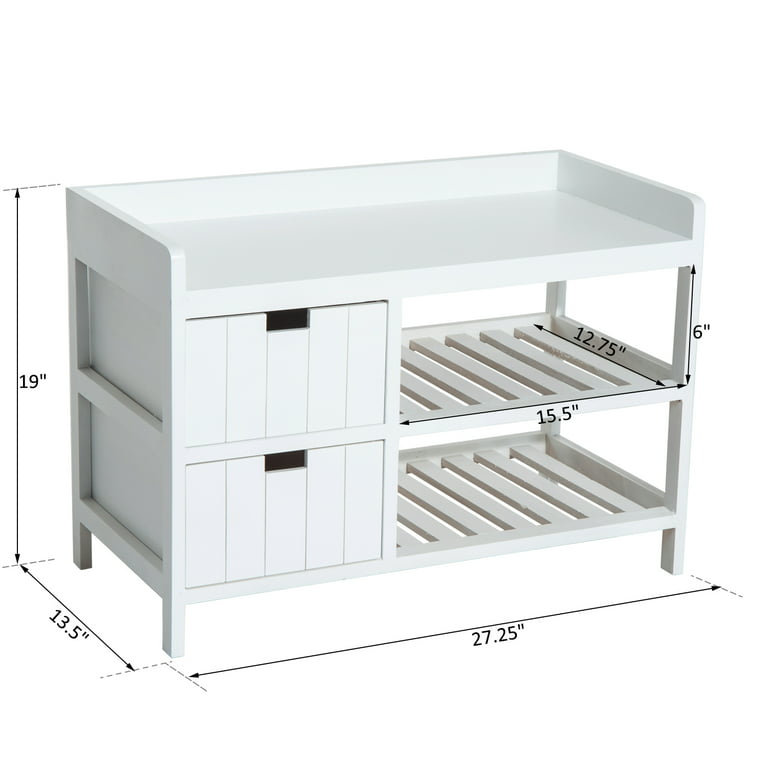 HOMCOM Compact Rustic Padded Wooden Shoe Rack Bench Organizer with Drawers - Country White