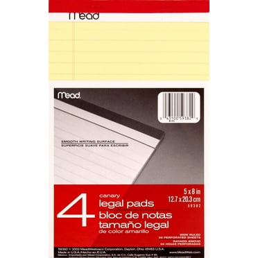 Mead Canary Legal Pads, Wide Ruled, 5 in x 8 in, 50 Perforated Sheets 4 ea (Pack of 4)