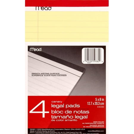 Mead Canary Legal Pads, Wide Ruled, 5 in x 8 in, 50 Perforated Sheets 4 ea (Pack of 6)