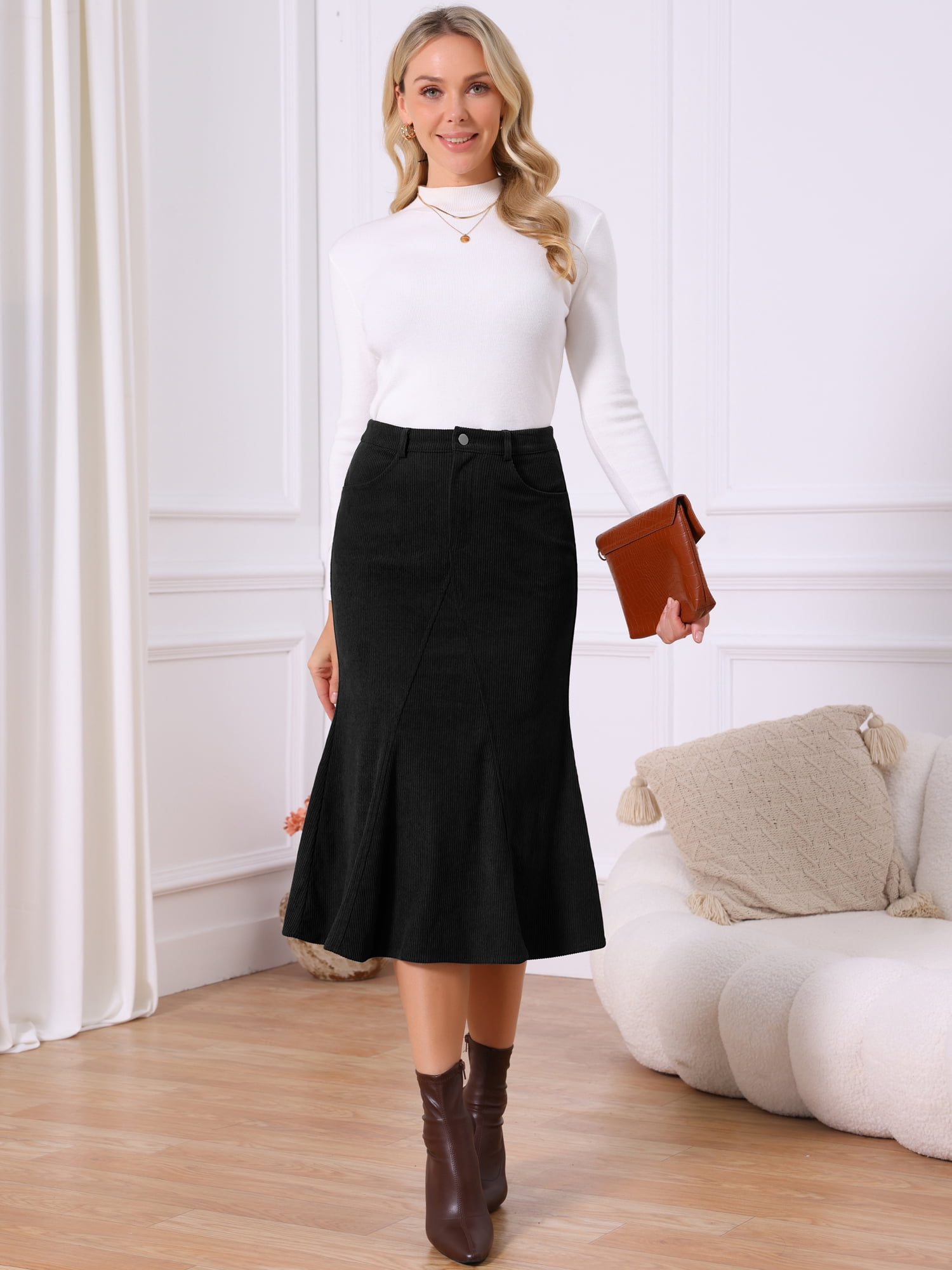 DARING DIVA Women's Corduroy High Waist Midi Mermaid Skirt with Pockets M Black