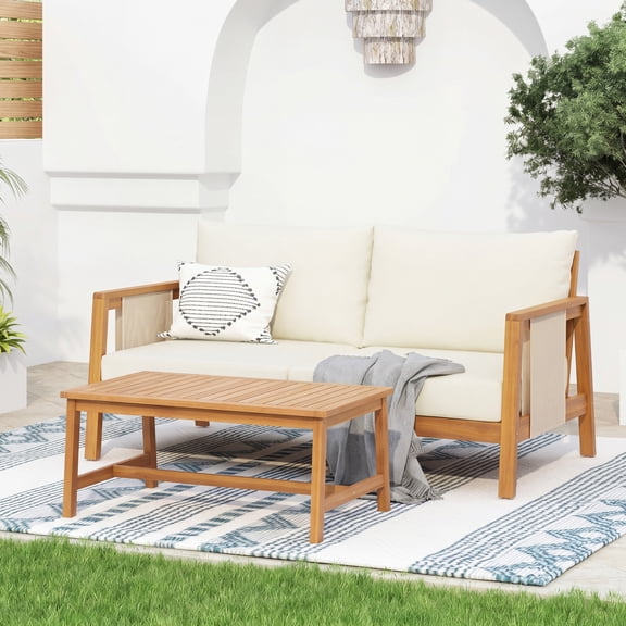 LiviNest 2 Piece Outdoor Loveseat and Coffee Table Set with Water-Repellent Beige Cushions, Acacia Wood Frame, Brown Textilene, Teak Finish, 600 lbs Capacity for Patio Backyard Deck