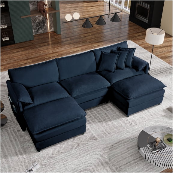 JERFIT Modern U-Shaped Sectional Sofa with Ottomans, 5-Piece Cloud Couch Set, Plush Chenille Fabric, Deep Seating for Living Room, Blue
