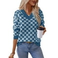 thumbnail image 2 of Women'S Cropped Plaid Sweater V-Neck Long Sleeve Crop Sweater Pullover Jumper Knit Top Blue XL, 2 of 9