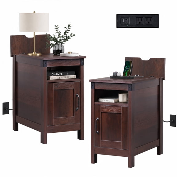GALAXHERO Set of 2 Narrow End Tables with Charging Station, Side Tables for Small Spaces, USB Ports & Outlets, Nightstands with Storage for Living Room & Couch, Espresso Finish