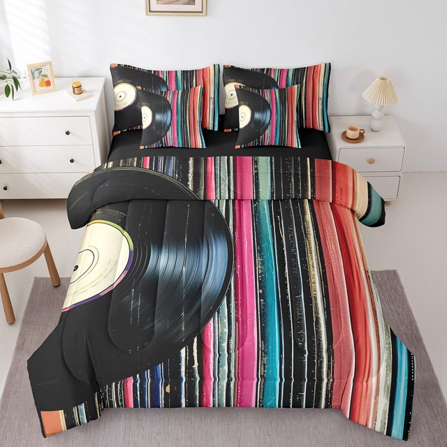 Erosebridal Ensemble de Literie Thème Musique des Années 80 Taille Grand, Ensemble de Lit Disque Vinyle Rétro, Réversible 7 Pcs