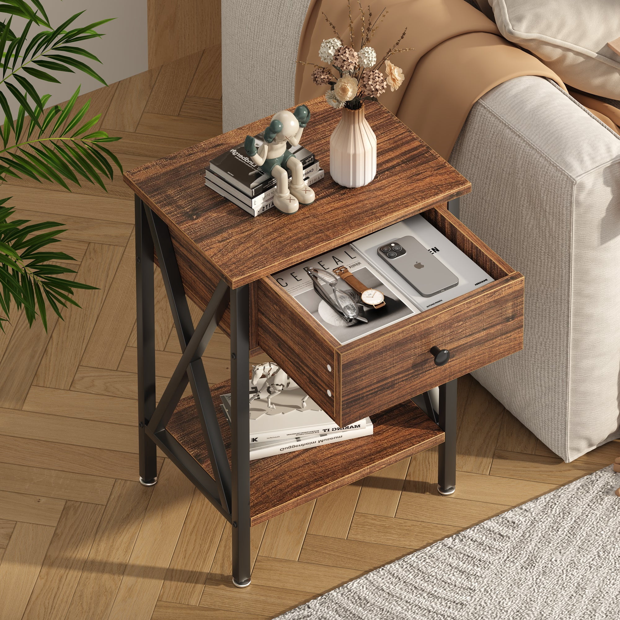 VECELO Nightstands Set of 2, Industrial End Table with 1-Drawer & Storage Shelf, Small Bedside Table Organizer for Small Space, Side Table for Bedroom Living Room, Dark Brown