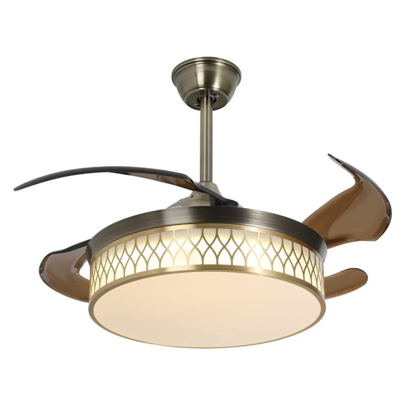 42 inches Reversible Ceiling Fan with Light and Remote Control, 4-Blades LED Chandelier Ceiling Light Fixture with Copper Edge Lampshade 6 Speeds 1/2/4/h Timming Function