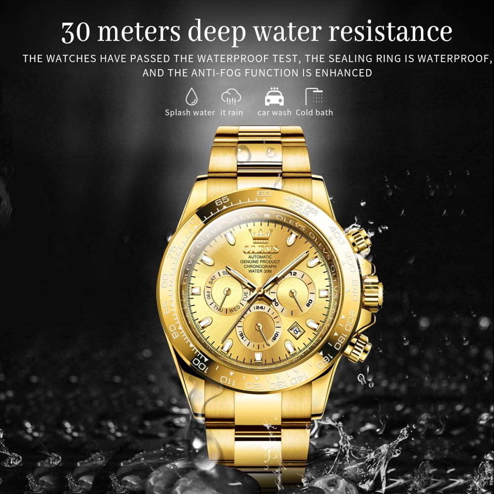 OLEVS Automatic Watches for Men Self Winding Chronograph Mechanical Luxury Dress Stainless Steel Calendar Date Waterproof Luminous Mens Wrist Watches Gift Reloj Para Hombre Gold/Black/Blue/Green Dial