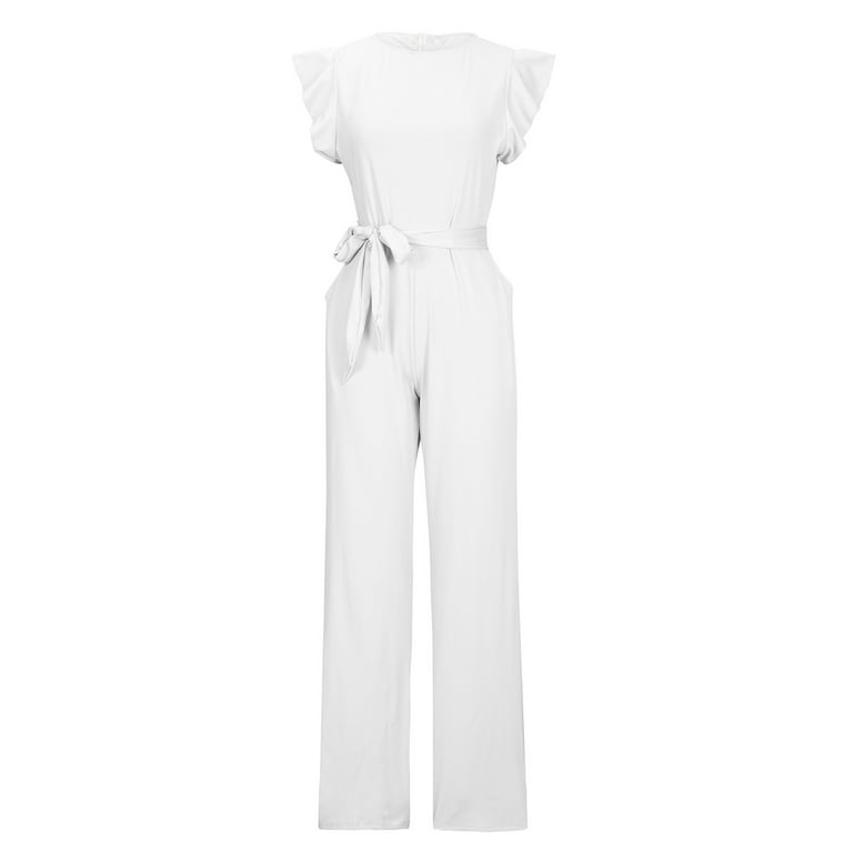 HBER Jumpsuit Ankle Length for Women Dressy Sexy Casual Ruffle Short Sleeve  Wide Leg Loose Belted Bodysuit Jumpsuits Pants