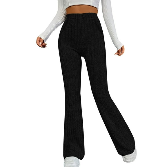 Women's Elastic Slim Fit Flared Pants, Brushed Striped Solid Color Casual Trousers with Side Pockets, Comfortable Bootcut Leggings for Sports Leisure and Daily Wear Black L