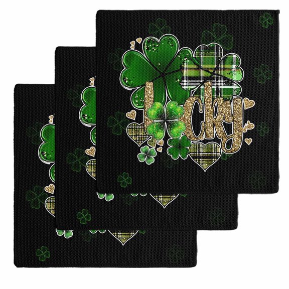St. Patrick's Day Kitchen Dish Towels for Drying Dishes Set of 3, Spring Green Shamrock Gold Lucky Love Black Waffle Weave Microfiber Hand Tea Bathroom Towels Quick Dry & Absorbent Towel 12x12