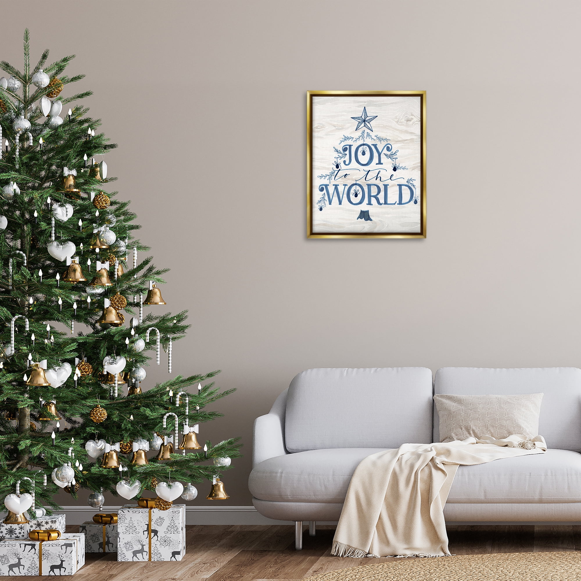 Stupell Industries Joy To World Tree Holiday Painting Gold Floater Framed Canvas Art Prints Wall Art, 25 x 31