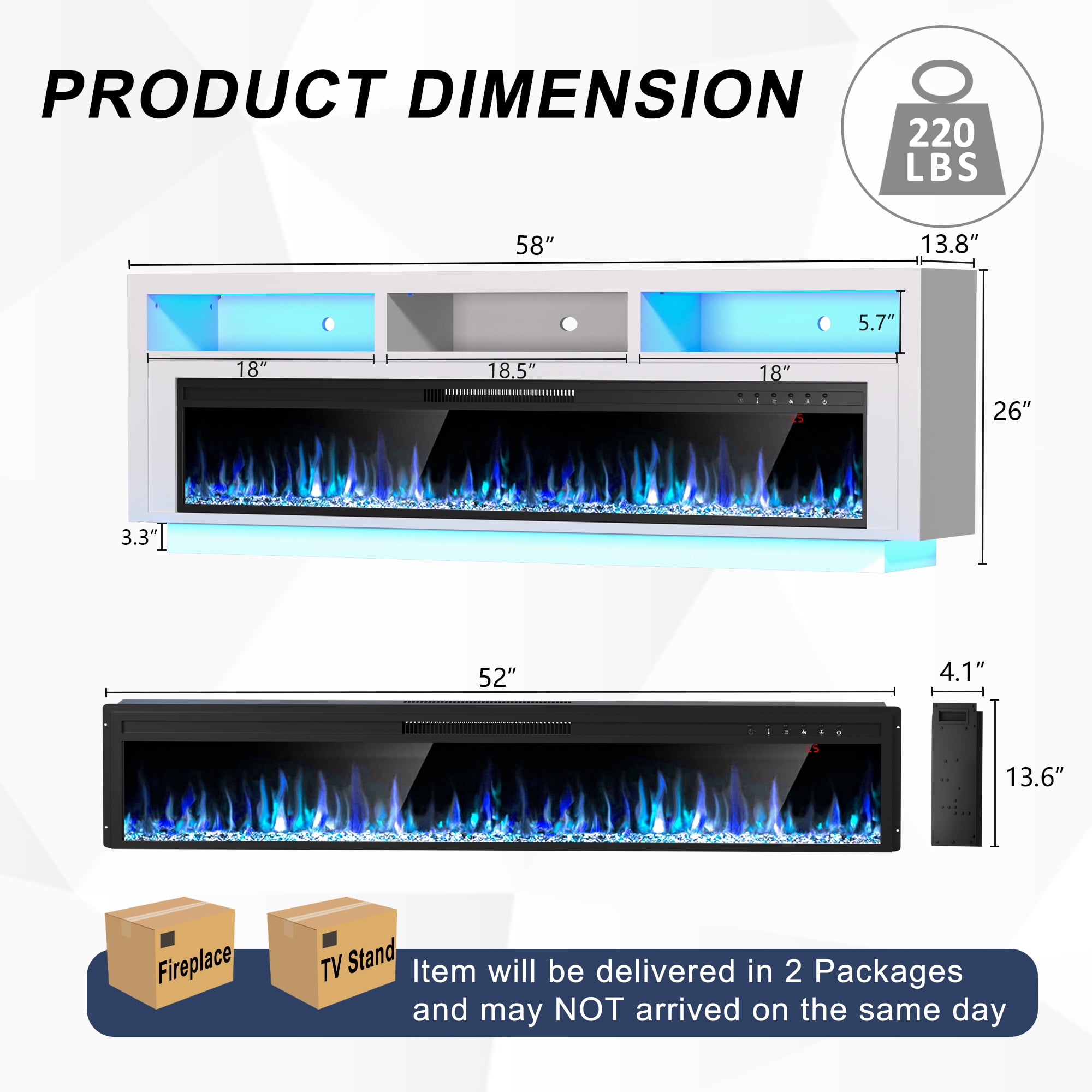 HARIPUL 58'' Fireplace TV Stand w/ LED Light & Storage Cabinet, Electric Fireplace for TVs up to 65 inches, White