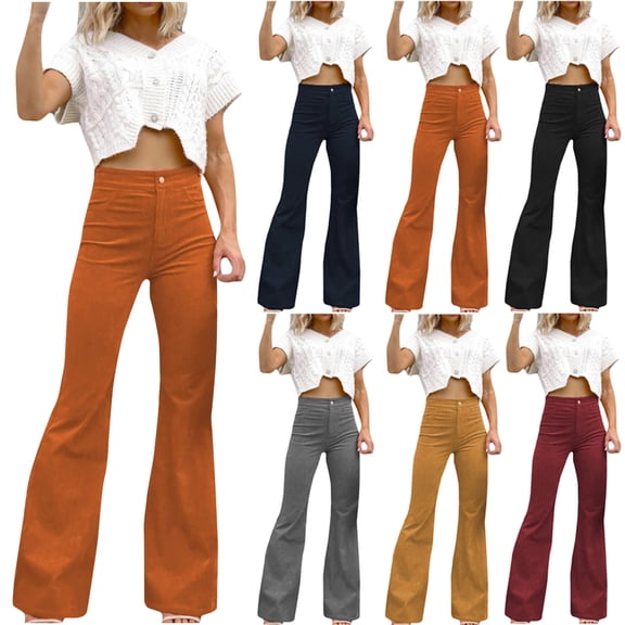 FRSASU Women solid color pocket casual flared pants Tummy Control Flared Leggings High Waisted button self-cultivation long pants Wine