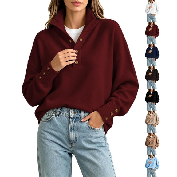 Womens Knit Mock Neck Sweater Solid Color Loose Fit Long Sleeve Button Up Pullover Tops for Fall Winter