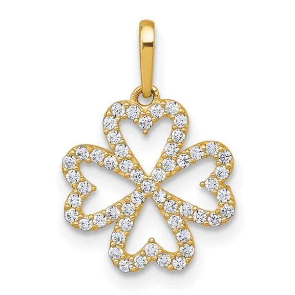 10k Gold CZ Four Leaf Clover Heart Pendant