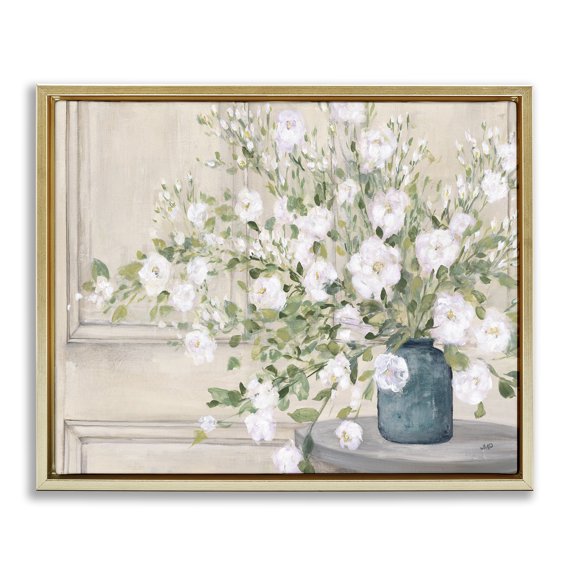Stupell Industries Farmhouse Geranium Tabletop Country Still Life Blooming Flowers Gold Floating Frame Canvas Art, 31 x 25, by Julia Purinton