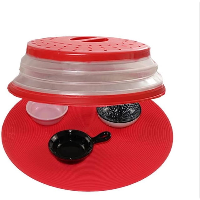 2 in 1, Food Cover & Microwave Mat,Silicone Trivet, Pot Holders, Hot Pads, Drying, Baking, Place Mat,Collapsible Microwave Food Cover free TPR, 10.5inch, round with grip handle, Red