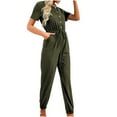 thumbnail image 4 of QUYUON Jogger Jumpsuits for Women Summer Button up Short Sleeve Crew Neck Jumpsuits Rompers with Pockets Tie Elastic Waist Solid Color Casual Loose Long Jumpsuits Playsuit Style J-415, Army Green S, 4 of 5