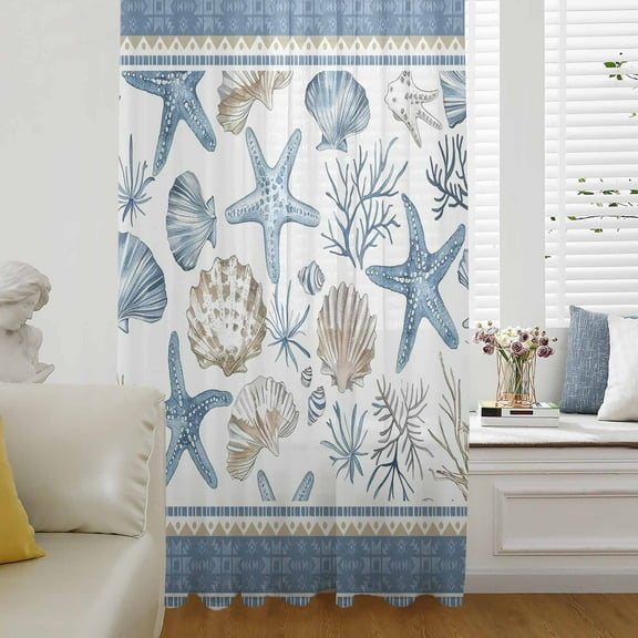 Blue Coastal Nautical Semi Sheer Curtains Drapes for Living Room,Bedroom,French Doors Window 45 Inches Long,Summer Beach Starfish Shell Coral Rod Pocket Chiffon Curtain Drapery Voile Draperies Panel