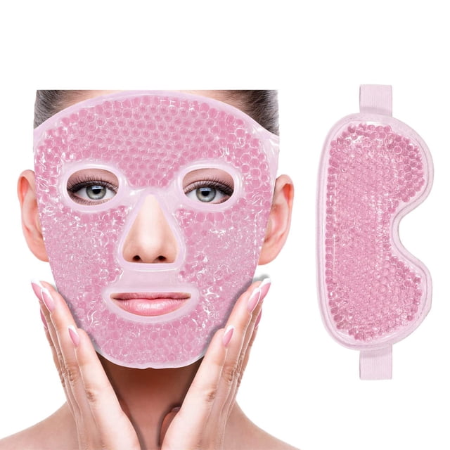 Cooling Eye Ice Mask for Reduce Puffiness, Puffiness Under Eyes, Sinus, Redness, Pain Relief, Dark Circles, Migraine, Hot/Cold Pack with Soft Plush Holder (Pink (1 * eye mask + 1 * face mask))