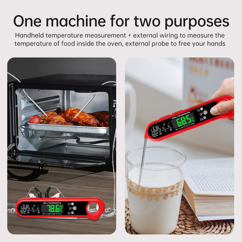 BOKYAN Digital Meat Thermometer for Cooking 2-3s Instant Read Food Thermometer with Dual Probes Backlight LCD and Bottle Opener for Kitchen BBQ Grill Smoker Deep Fryer Baking Red 6.3 inches
