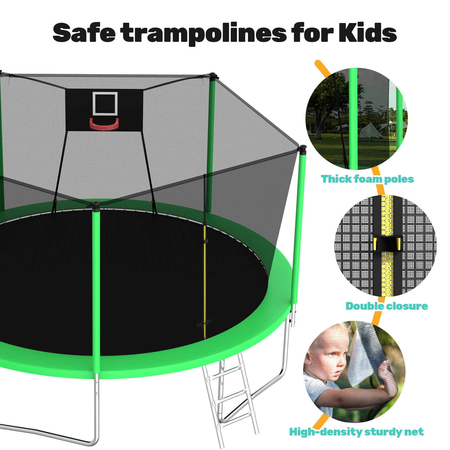 Alvantor Trampoline 14Ft for Kids Age 3-10, Round Trampolines with Basketball Hoop & Enclosure Net for Backyard Yard,Green