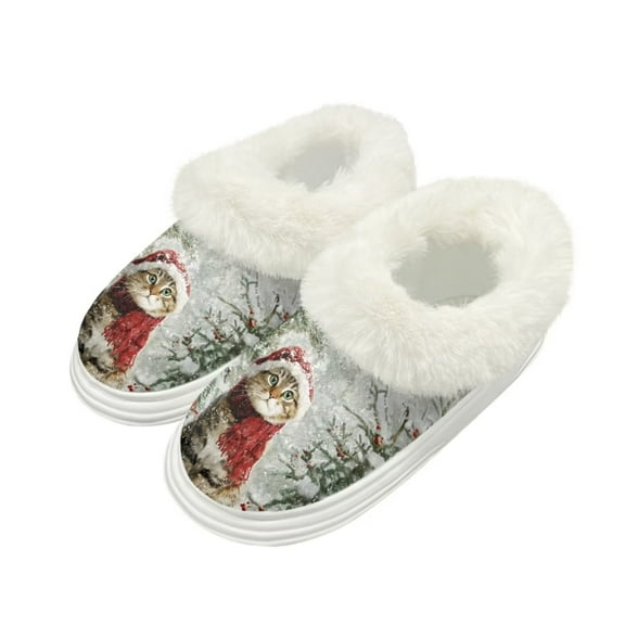Psesaysky Women's Slippers Platform Cute Cat Christmas Print Women Slippers Slip on Fluffy Fleece Lined House Shoes for Indoor Outdoor, Size 4-5