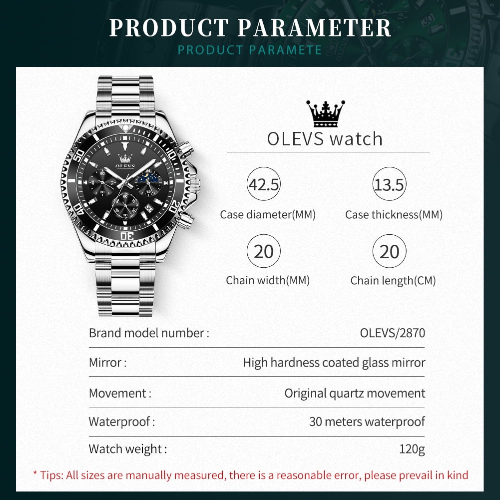 OLEVS Mens Watches Chronograph Luxury Dress Moon Phase Quartz Stainless Steel Waterproof Luminous Business Calendar Wrist Watch Black Dial