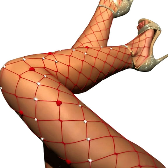 Aellinatey Women Sexy Jeweled Diamond Fishnet Tights Sweet Red Love Heart Dots for Rhinestone Sheer Pantyhose High Waist Mesh Stock