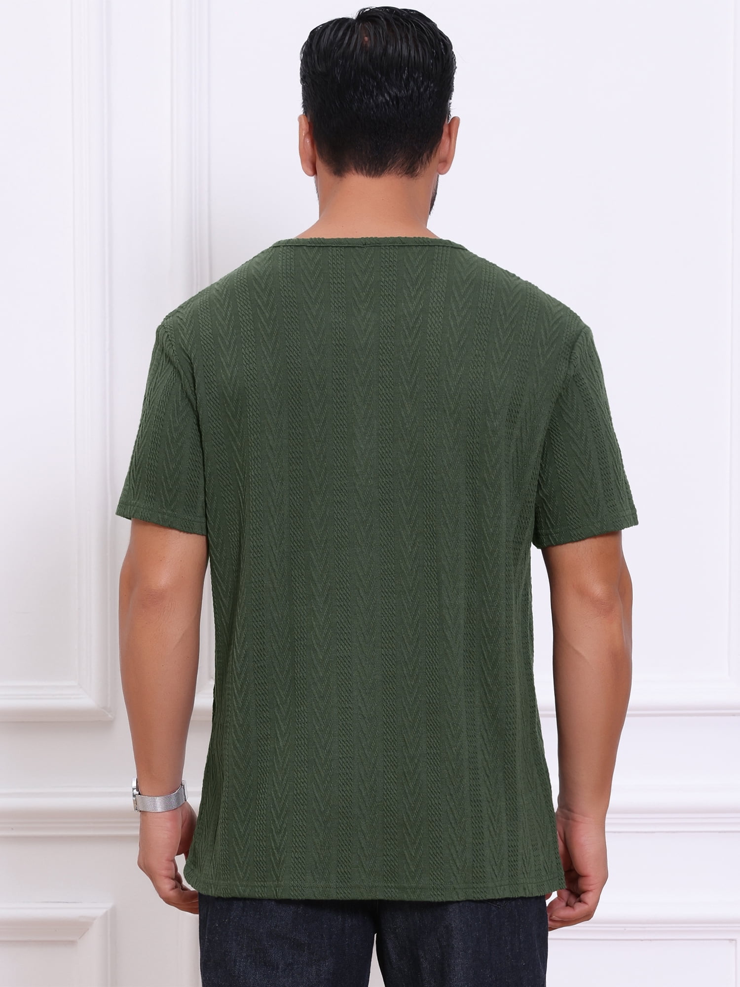 DARING DIVA Men's Henley Short Sleeve Button Down Jacquard Knitted T-Shirt M Green