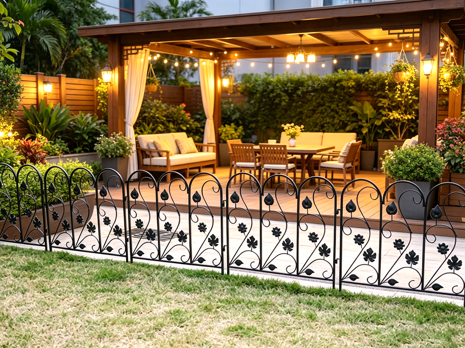 Wisfor 5 Panels Decorative Garden Fence Rustproof Black Metal Animal Barrier, 23.4x24.3 inch